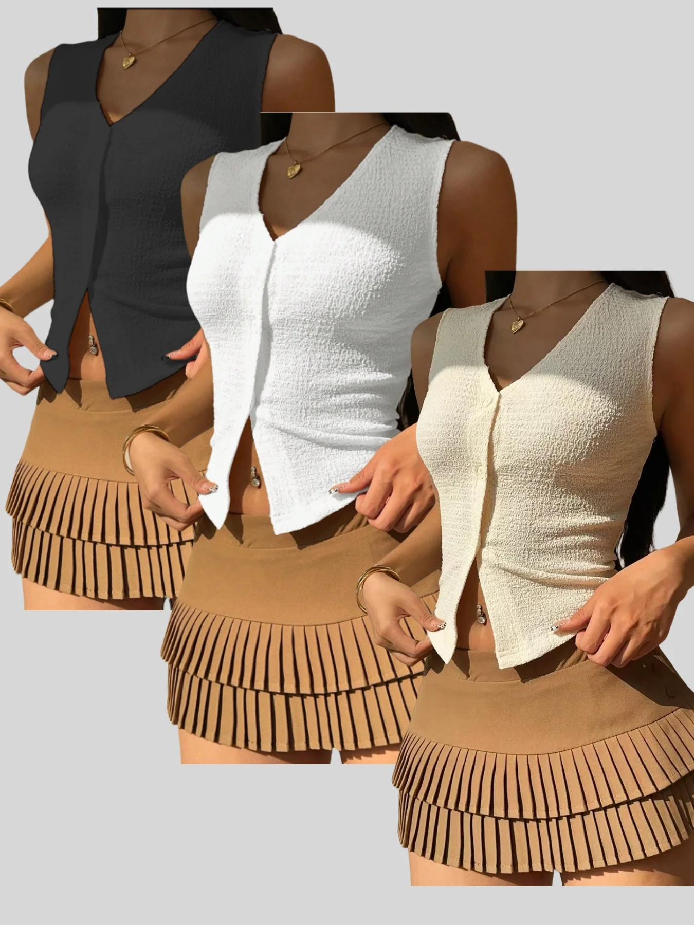 

Summer trend new style casual button-up cardigan vest with fashionable design. Essential three-piece set for women.