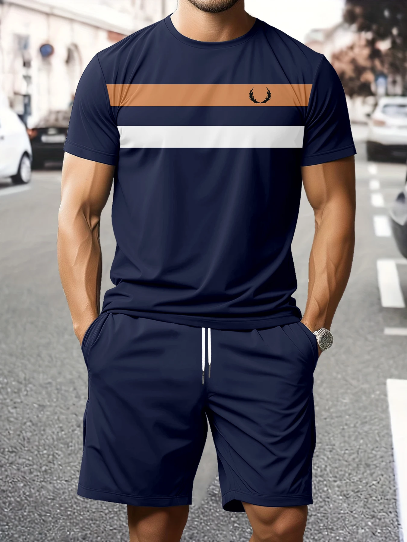 

Trendy Men's Textured Suit T-Shirt with Contrasting Stripes Pattern, Two-Piece Set for Everyday High-End Wear