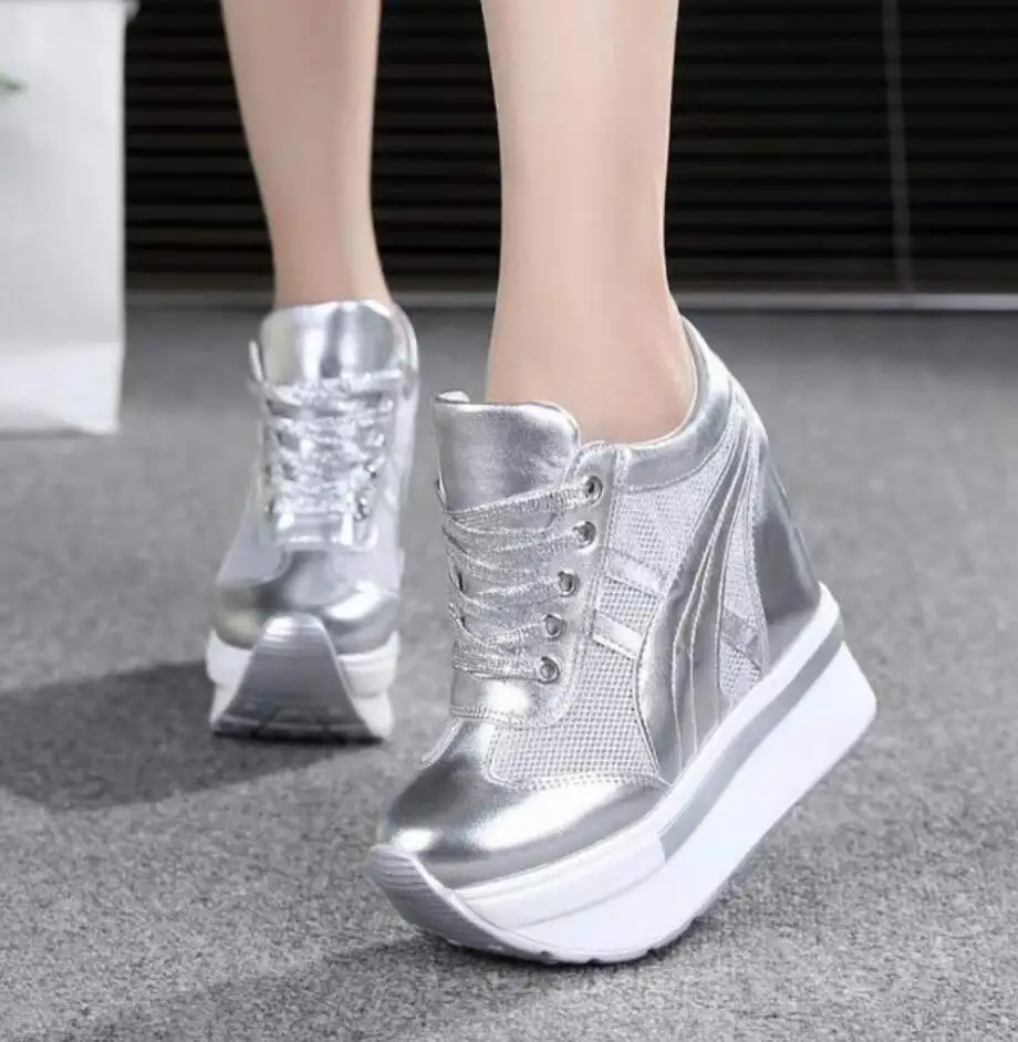 2024 New Classic Women Mesh Platform Sneakers White Shoes 10CM High Heel Wedges Outdoor Breathable Internal Increase Casual Shoe