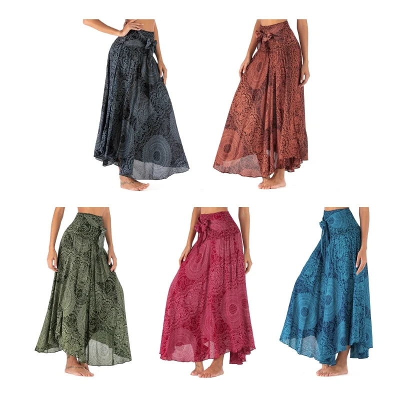 Women Hippie Clothes Bohemian Floral Elastic Waist Long Maxi Skirt with Tie 2 In 1 Gypsy Flowy Asymmetric Halter Dresses