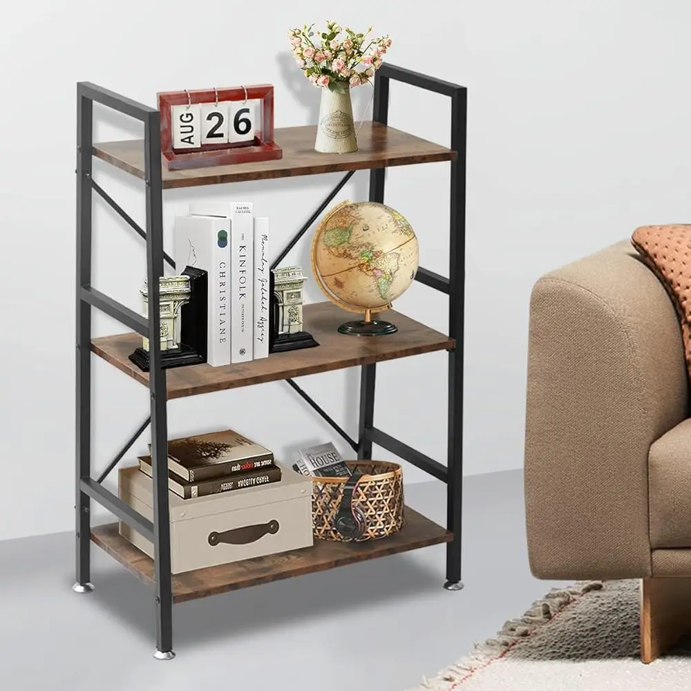 

3 Tier Bookshelf, 37"" H X 23"" W X 12.6"" D, Rustic Small Book Shelf For Small Spaces, Brown Wooden Shelves For Bedroom Living