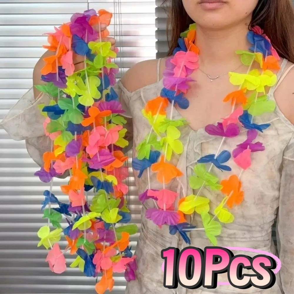 10Pcs Colorful Fluorescent Hawaiian Leis Vibrant Portable Artificial Flower Wreath Photo Props Creative Hawaii Flower Lays