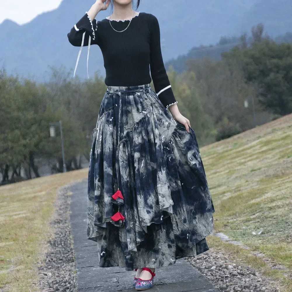 Cotton Linen Streetwear Harajuku Y2k Skirt Long Skirts for Women Clothing Vintage Fashion Clothes Casual Vintage Ethnic Style
