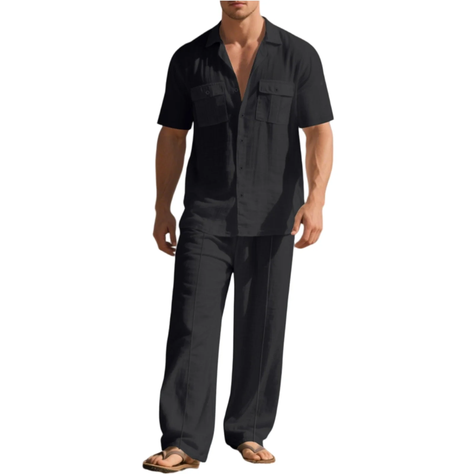 Abito da uomo casual in due pezzi in lino tinta unita risvolto doppia tasca con bottoni camicia a maniche corte pantaloni larghi con lacci in vita elastica