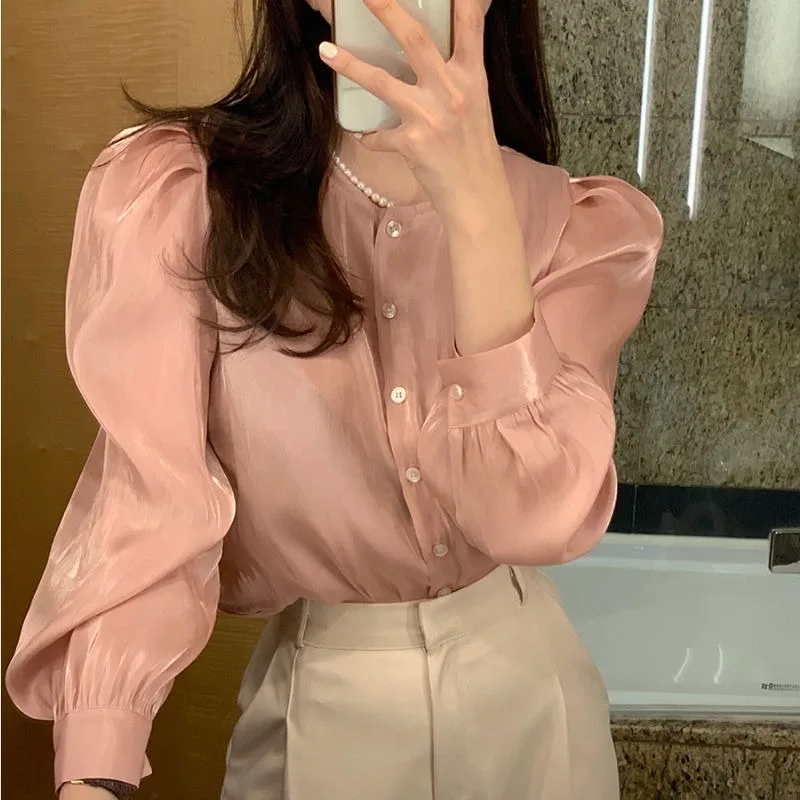 Spring 2026 Design Sensation Korean Style Micro Transparent Pearl Smooth Bubble Sleeve Shirt Base Top Women's Fashion Blouse