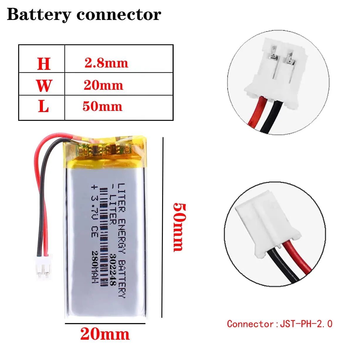 Liter 3,7V 280mAh 302248   Lipo-Akku JST 2,0 mm Anschluss für Router Walkman Bluetooth-Headset Bluetooth-Lautsprecher