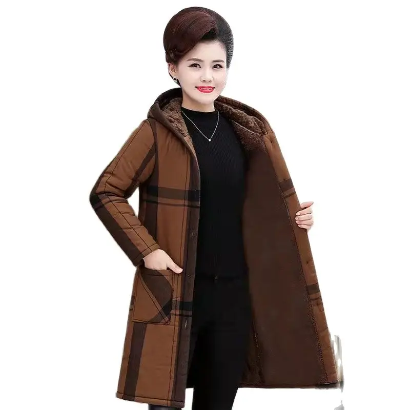 

Middle-aged And Elderly Oomen's Fleece Cotton-padded Mother's Winter Long Cotton-padded Loose Large Size Warm Plaid Coat