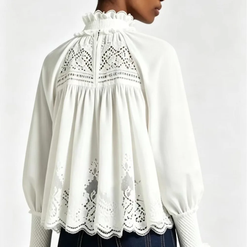 Customization Women's Vintage Hollow Lace Blouse Ruffled Collar Tie Front Puff Flare Sleeve Loose Cropped White Shirt For Daily view 5