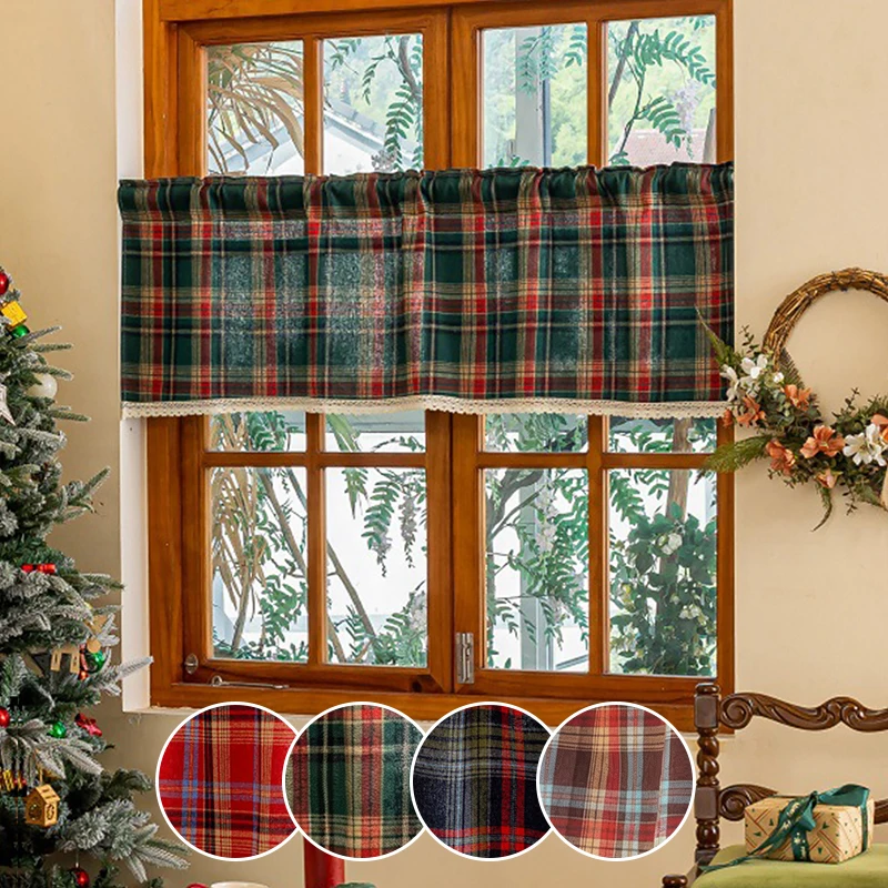 1Pc Retro Christmas Plaid Lace Short Curtain Dust Cover Curtain, Kitchen Living Room Bedroom Restaurant Holiday Party Decoration