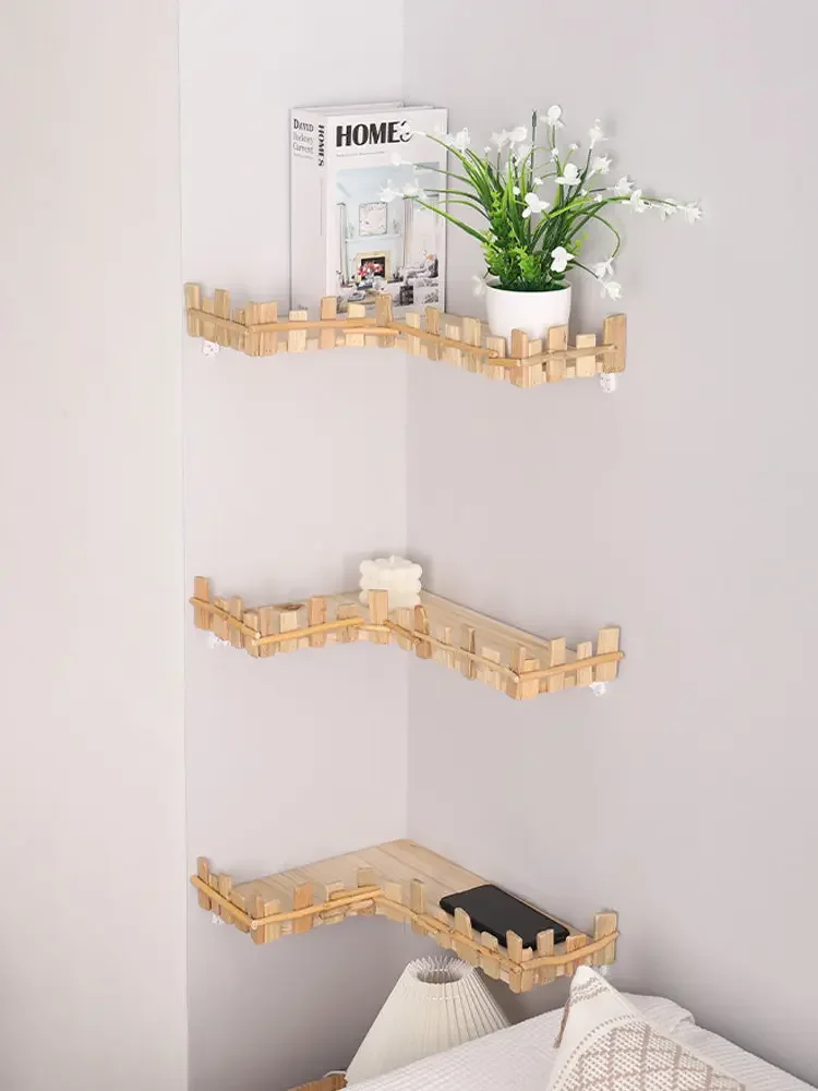Creative original wood storage rack corner bookshelf corner tripod baffle wall hanging kitchen corner right angle shelf