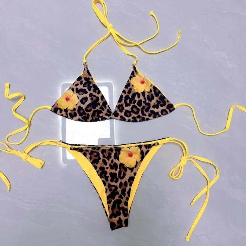 

Женский комплект бикини с леопардовым принтом, треугольный топ с цветочным принтом, купальник из двух предметов, летний сексуальный эстетический купальный костюм Y2K
