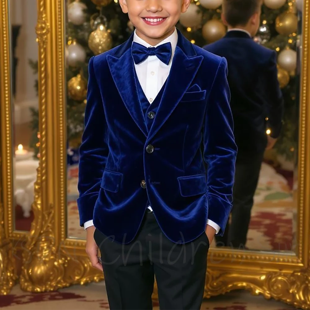 

Casual Velvet Boys Suits Three Piece Jacket Pants Vest Customzied Single Breasted Peak Lapel Kids Clothing Full Sets Terno
