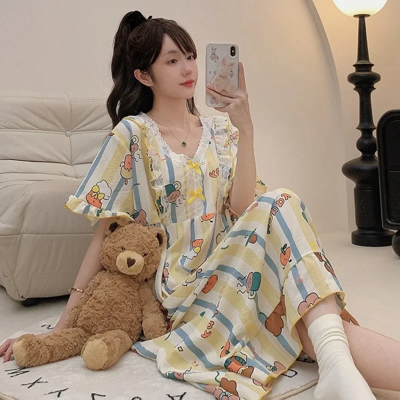 150KG 4XL Plus Size Loose Nightgown Women Summer Short Sleeves Sleepwear Home Clothes Outer Wear Korean Style Pajamas Nightdress