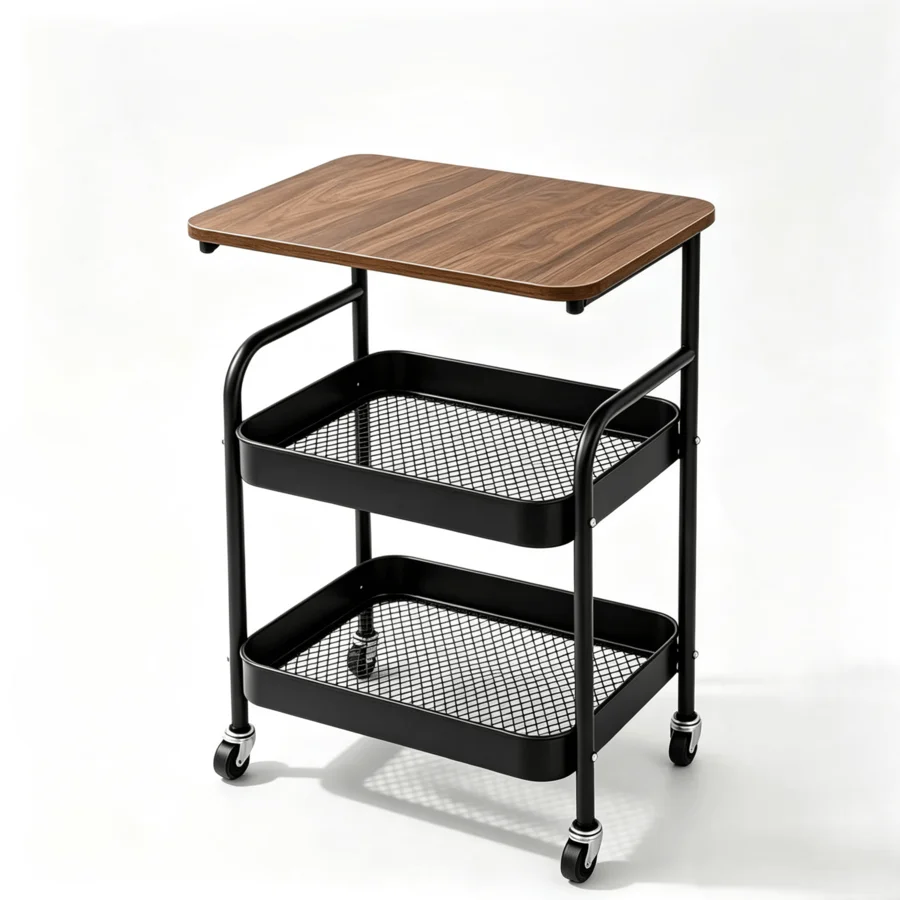 3-Tier Large Capacity Rolling Utility Cart, Space-Saving Mobile Storage Organizer, Wood Top & Heavy-Duty Carbon Steel Frame, Mod