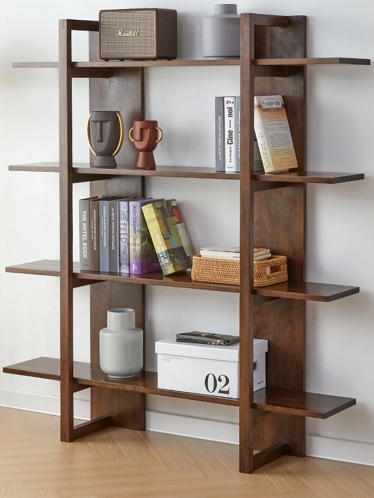 Nordic solid wood bookshelf display cabinet, living room floor rack integrated against the wall, study multi-layer storage rack