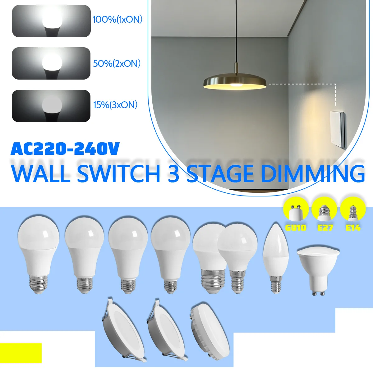 Indoor 3 Way Dimmable LED Downlight Bulbs, AC 220-240V Warm White, Flicker-Free Spot Lamps, E14 E27 GU10 GX53, 4 To 20 Pieces