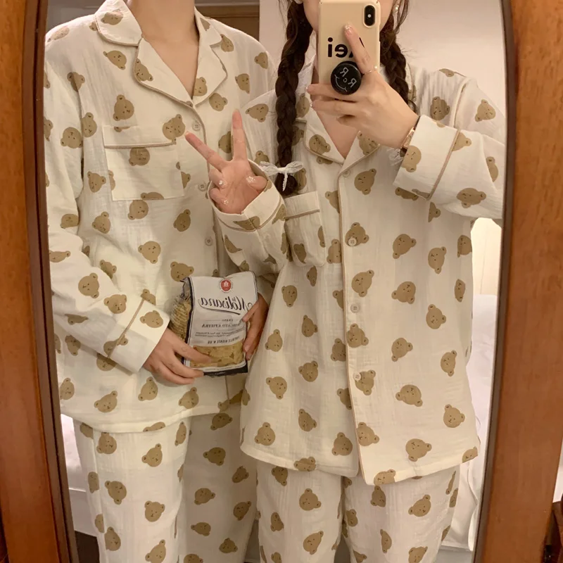 

New Cotton Cartoon Bear Autumn Pajama Set Women Lovers Cute Spouse Korean Style Long Sleeve Elegant Casual Sweet Sleepwear Ins