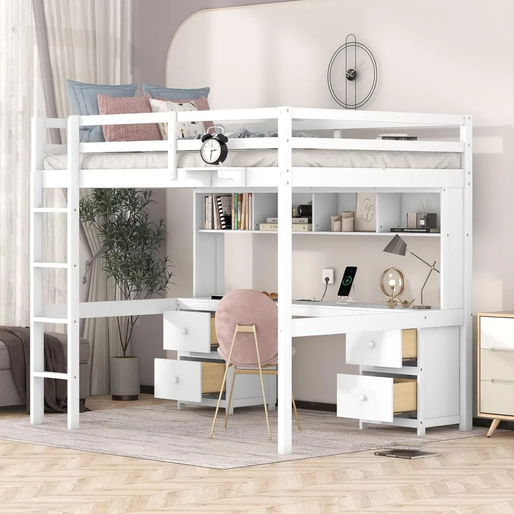 Full Size Loft Bed Met Bureau, Houten Full Loft Bed Met Kasten, Laden En Nachtkastje, Laadstation, Wit