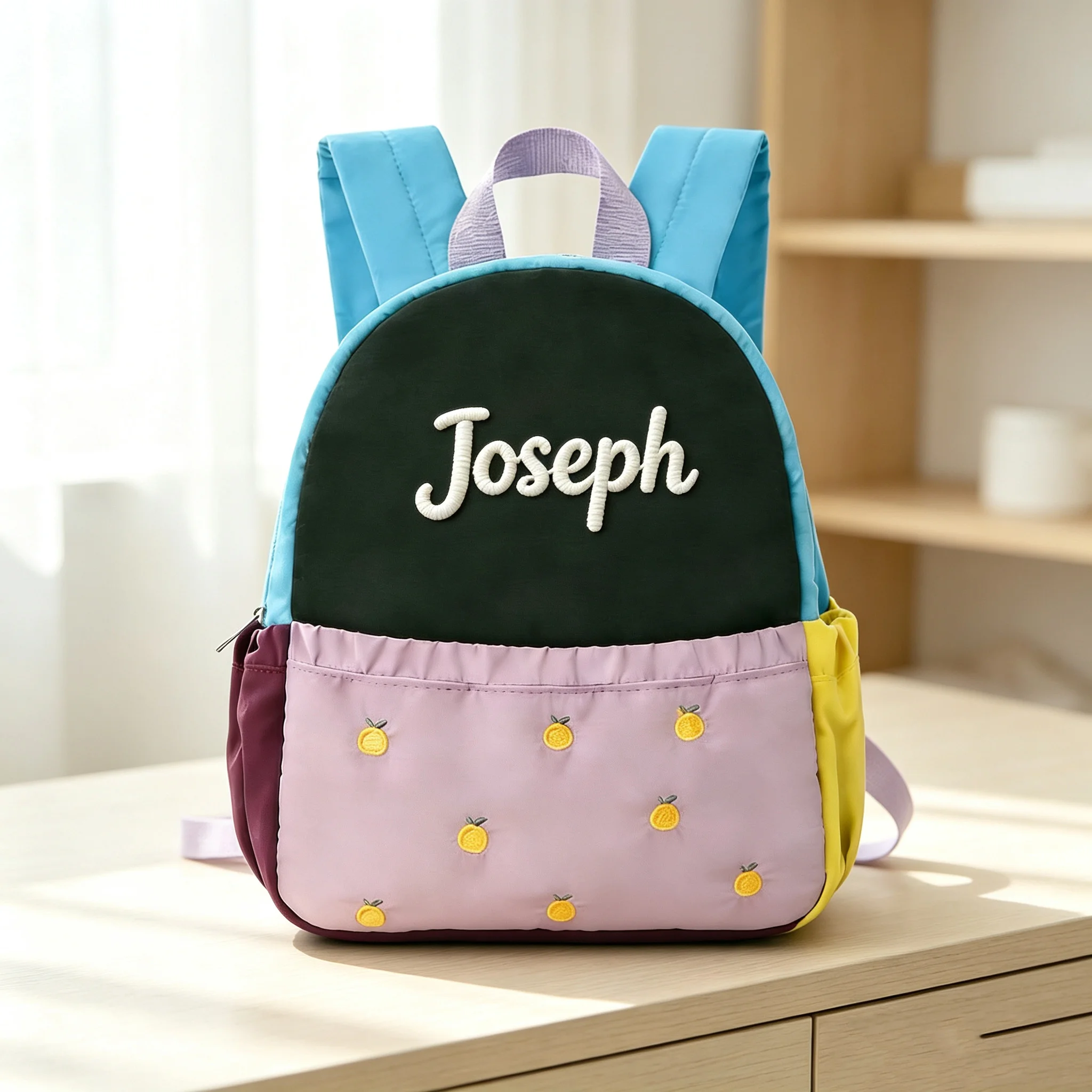 Custom Name Embroidered Kids Backpack, Cute Apple Print Color Block Toddler Backpack, Mini Lightweight Travel Backpack for Boys