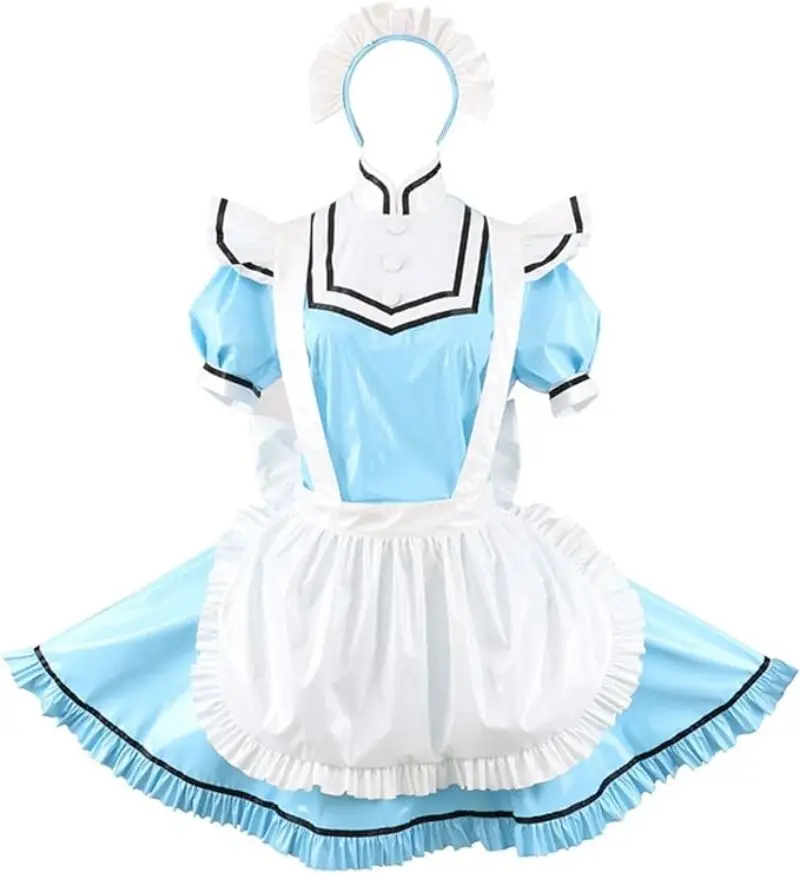 

French Sexy Adult Customized Fetishism Crossdressing Sissy Blue PVC Cross Back Independent Apron Short Sleeve Dress