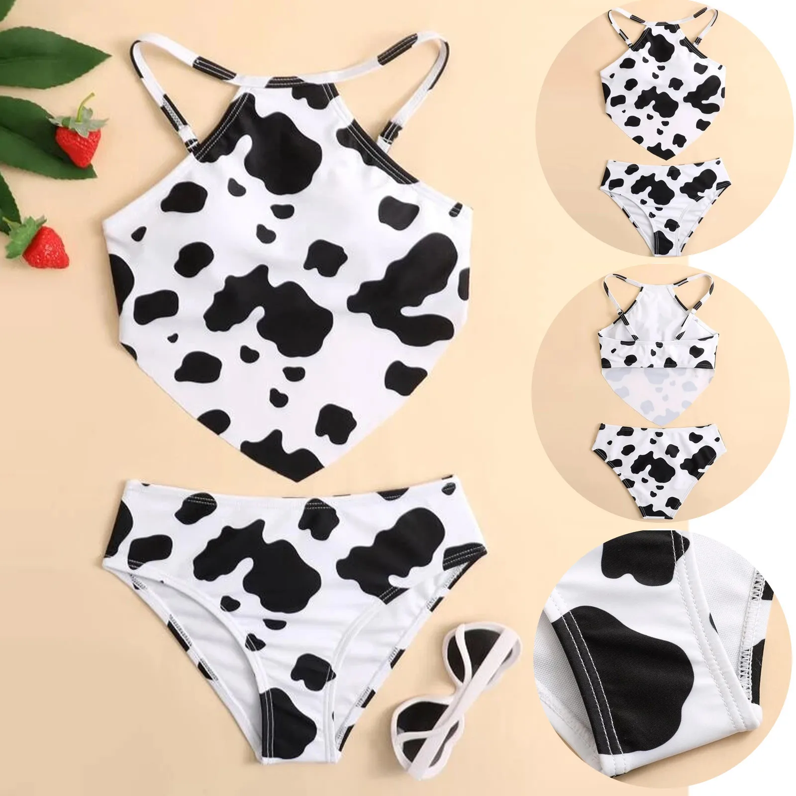 Milk Cow Printed Swimwear For Teen Kids Girls Floral Print Straps Summer Swimsuit 8-13 Year 2-piece Bikini Swimming Beachwear