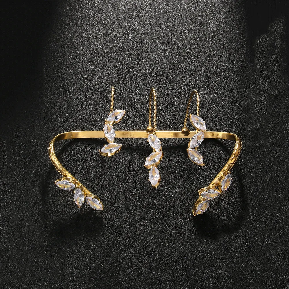 Fashion Zircon Leaves Open Bracelet Bangle Luxury Boho Accessories Luxury Wedding Gift Bridal Hand Jewelry Adjustable Nightclub