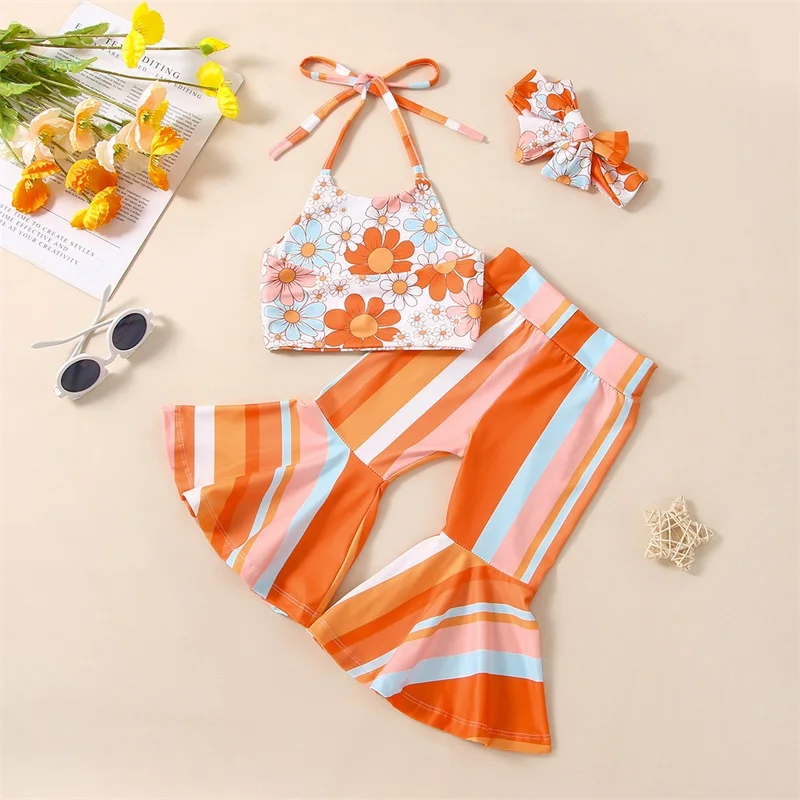 2 peças sem mangas top e calças conjunto para menina, calças Daisy Flare, Bell Bottom Outfits, roupas para criança, verão