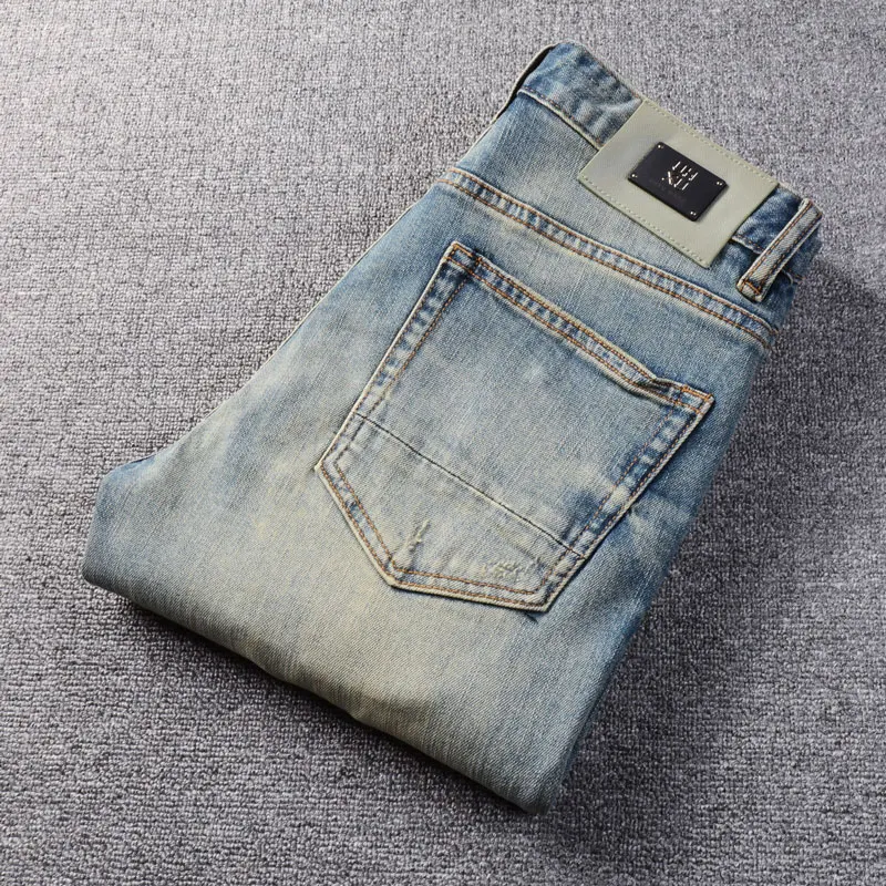 Streetwear Fashion Men Jeans High Quality Retro Washed Blue Stretch Slim Fit Ripped Jeans Men Vintage Designer Denim Pants