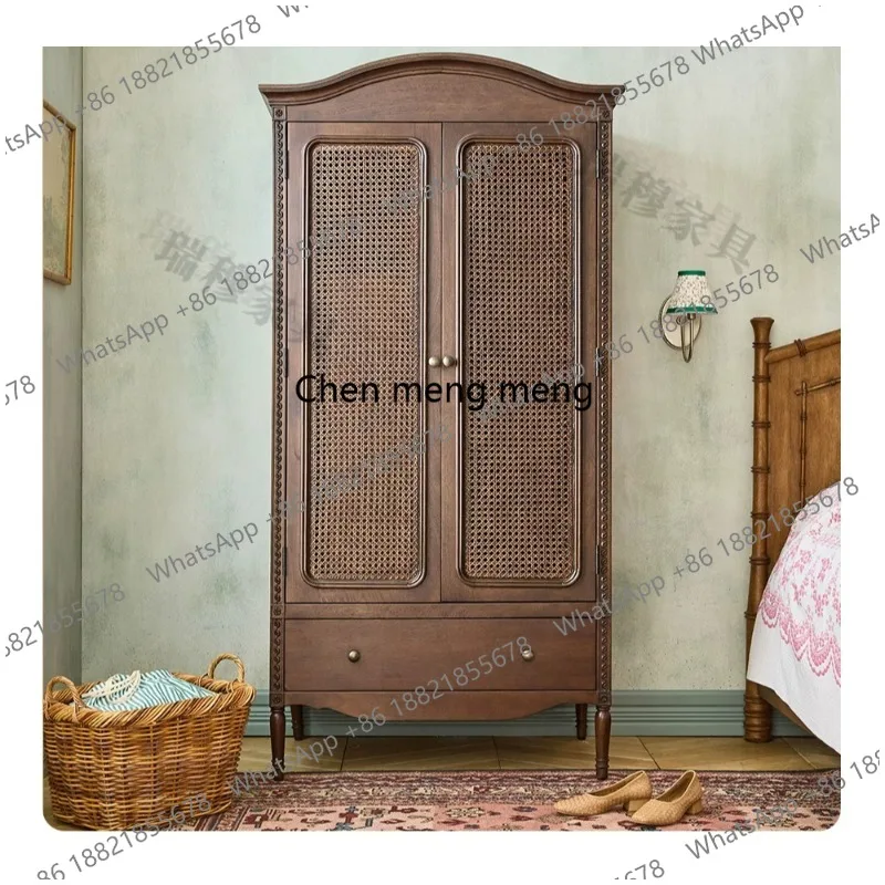 

French retro rattan solid wood wardrobe American country double door storage wardrobe locker
