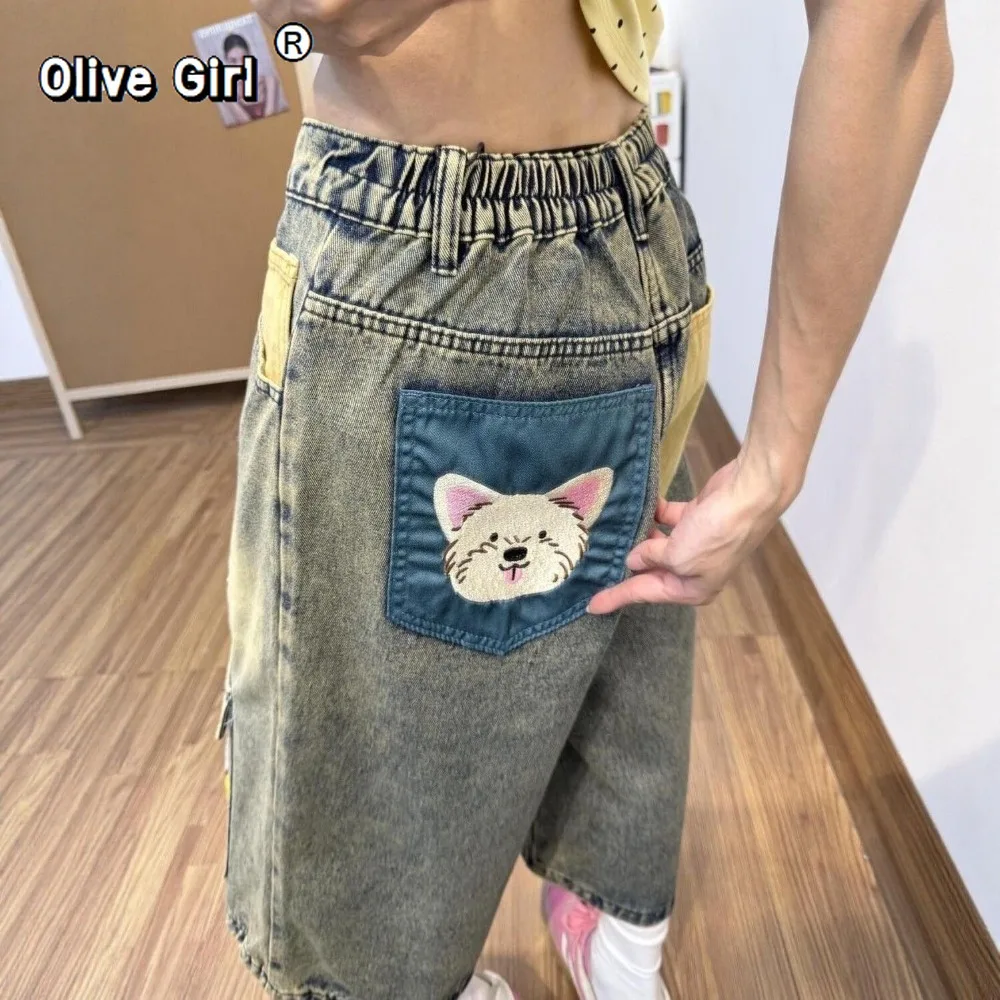 Olivegirl Women's Denim Jeans Retro Vintage Cartoon Embroidered Short Trousers Summer 2026 High Street Loose Wide Leg Mid Pants