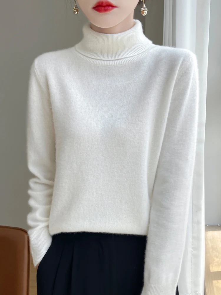 

Spring Autumn Turtleneck Solid Color Warm Pullover Knitwear 100% Merino Wool Women Sweater Long Sleeved High Quality Tops