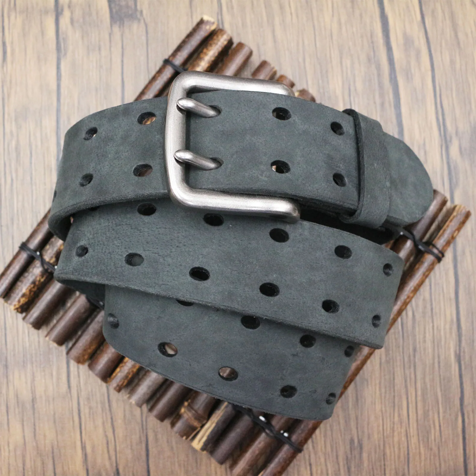 Men Vintage Crazy Horse Full Grain Leather Belt Double Prong Metal Buckle Multi Hole Matte Distressed Genuine Cowhide Waist