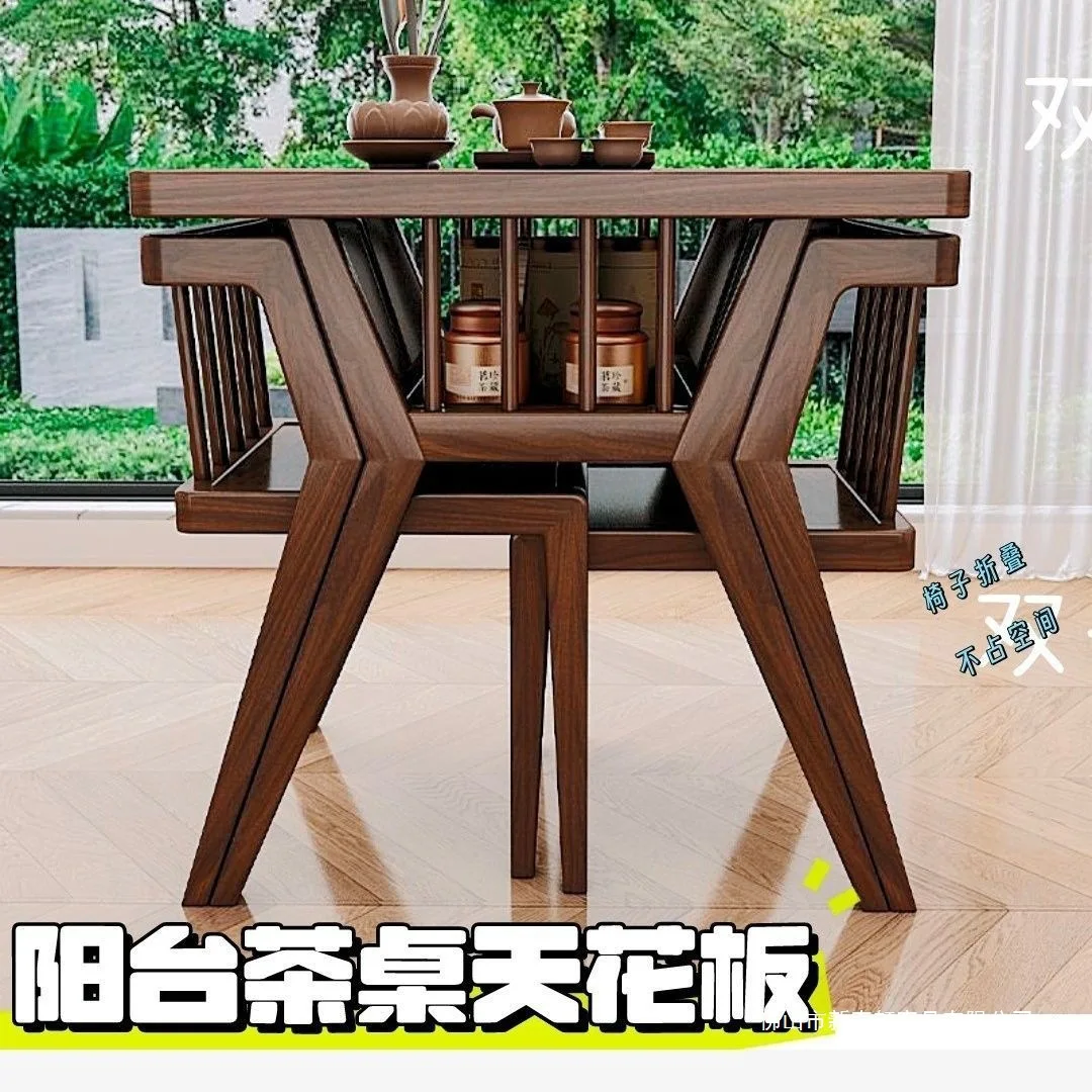 Solid wood balcony tea table and chair leisure three-piece set household tea drinking table