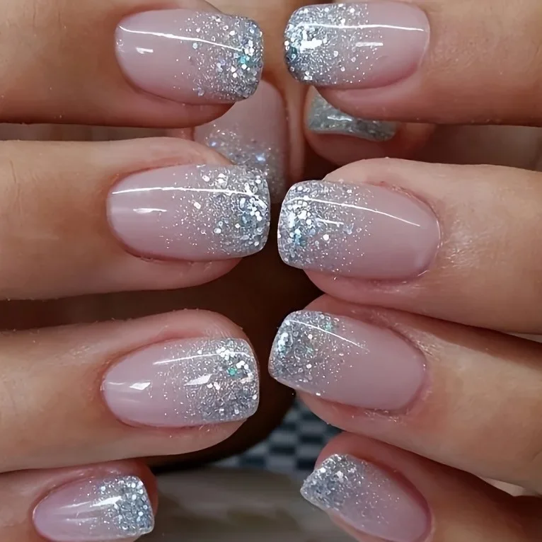 

Nude Pink Silver Glitter Press On Nails, Short Square Fake Nails, Ombre Sparkle Removable Elegant False Nail Tips