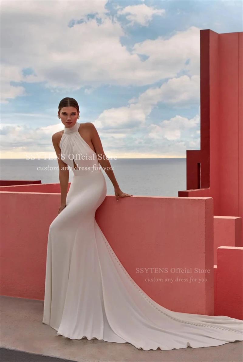 SSYTENS Ivory Silk Satin Wedding Dresses Women Sleeveless Halter Bridal Gowns Open Back Floor Long Customized Simple Bride Dress