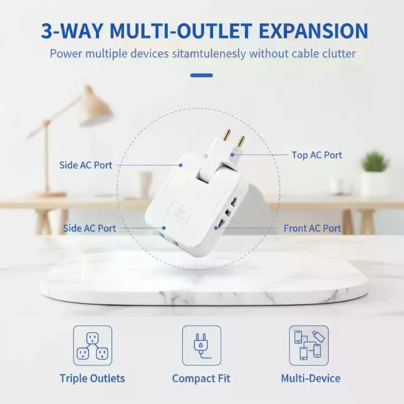 180 Degree Rotating Multiplug Outlet Extender 2500W High Power Fire Resistant Shell For Home Office Travel Use