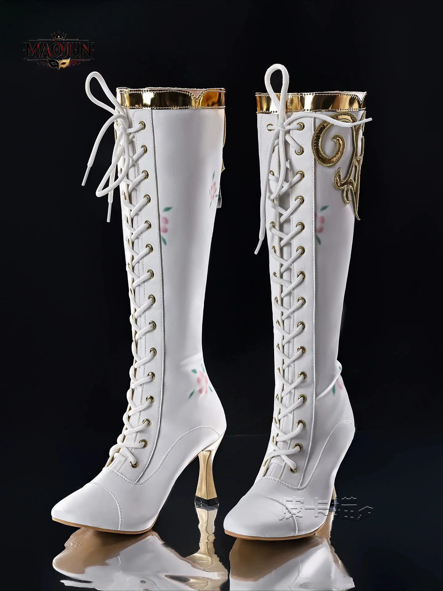 Identity V Doctor Wild Strawberry Cosplay Boots White Knee High High Heel Boots Floral Print PU Leather Cosplay Shoes For Women