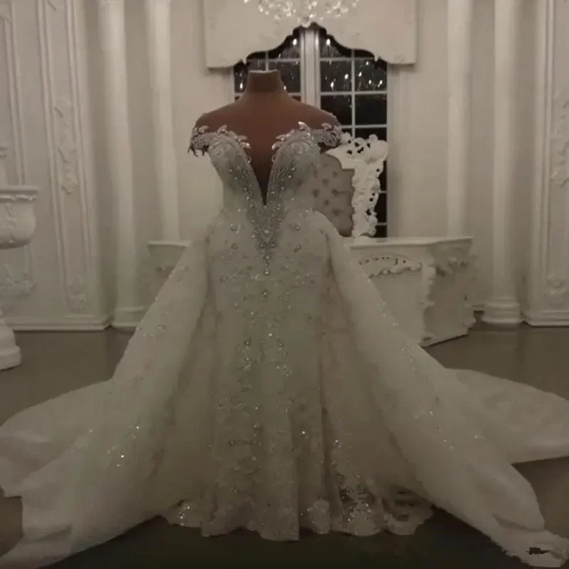 

Customized Cap Sleeves Mermaid Wedding Dress With Detachable Skirt Crystals Beads Off The Shoulder Illusion Back Bridal Gown
