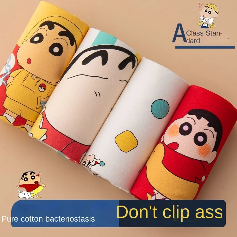 4PCS Crayon Shin-chan Children Cotton Boxer Briefs Boy Shorts Slim Fit Underwear Full Cotton Four-corner Pants Head Shorts 3-12Y