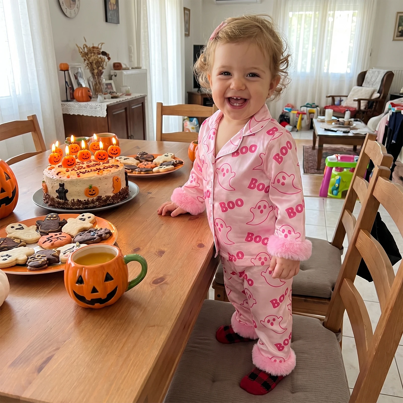 Creative Halloween Kids Girls Pajamas Fuzzy Cuffs Ghost Print Button up Long Sleeves Shirt and Elastic Pants Set for Loungewear