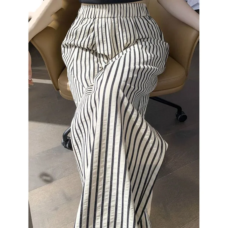

New Korean High Waist Summer Striped Wide Leg Pants Women Loose All-Match Thin Elastic Waist Casual Pants Female Trousers Ladies