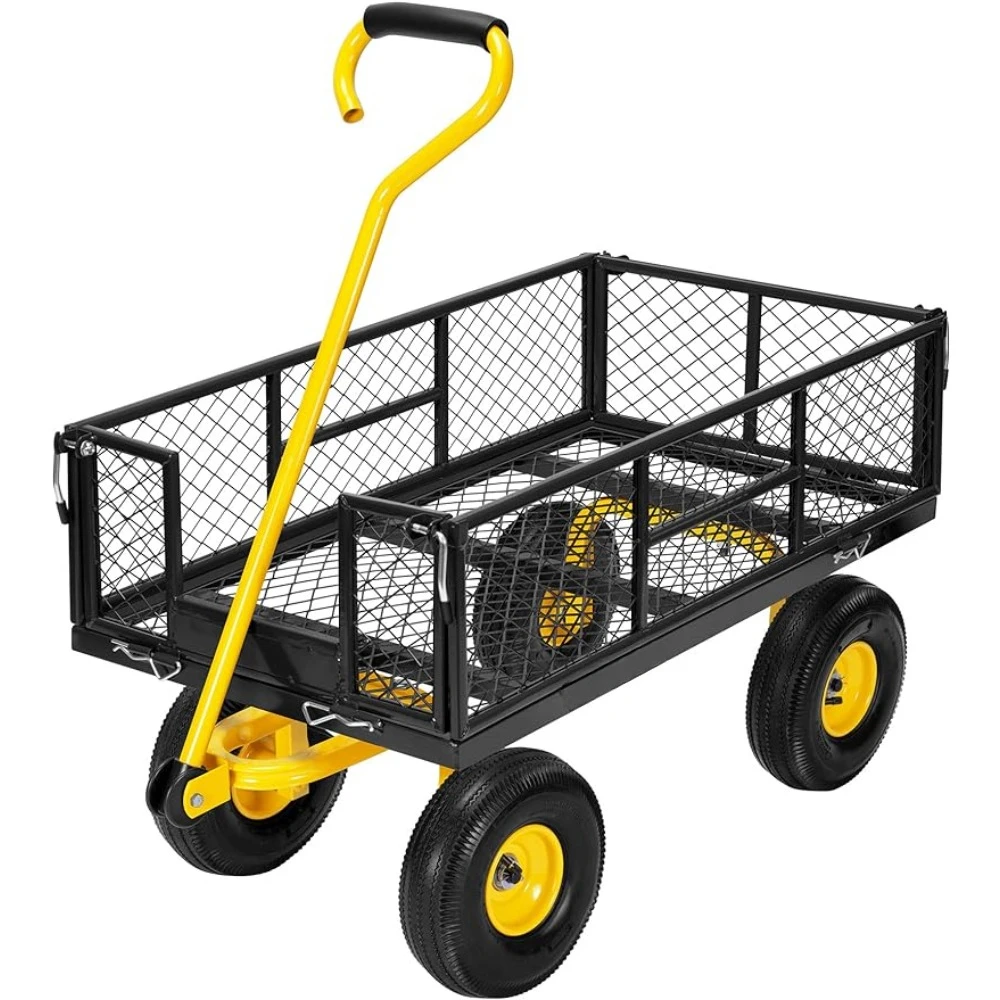 Heavy Duty 880 Lbs Capacity Mesh Steel Garden Cart Folding Utility Wagon With Removable Sides and 4.10/3.50-4 Inch Wheels Home