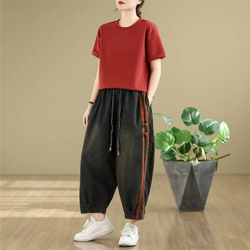 2025 New Spring Women Fashion Vintage Patchwork Wash Loose Jeans Drawstring Ankle-length Pants Straight-leg Oversized Trousers