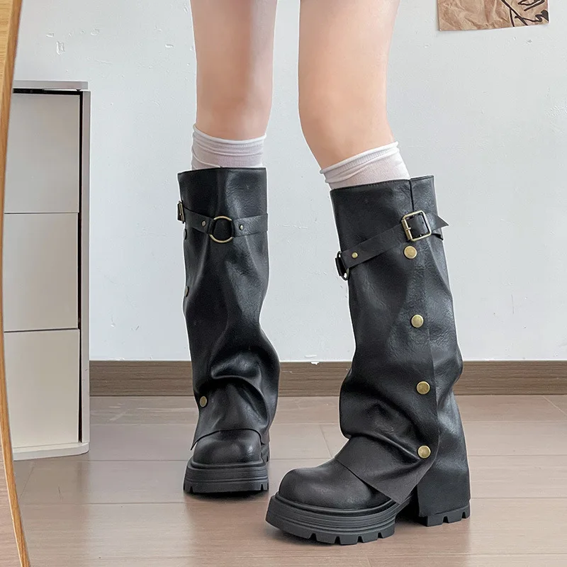 Winter Women Platform Knee High Boots Buckle Strap Metal Button Decor Shoes Thick Sole Vintage Western Style Long Botas