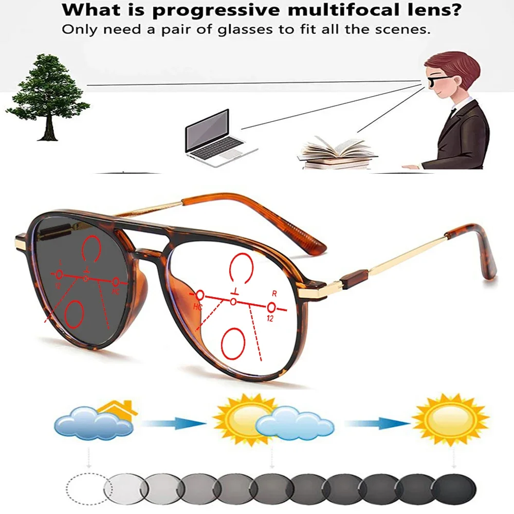 Ponadgabarytowe okulary pilotażowe z podwójnym mostkiem Wygodne fotochromowe progresywne wieloogniskowe okulary do czytania +0,75 do +4