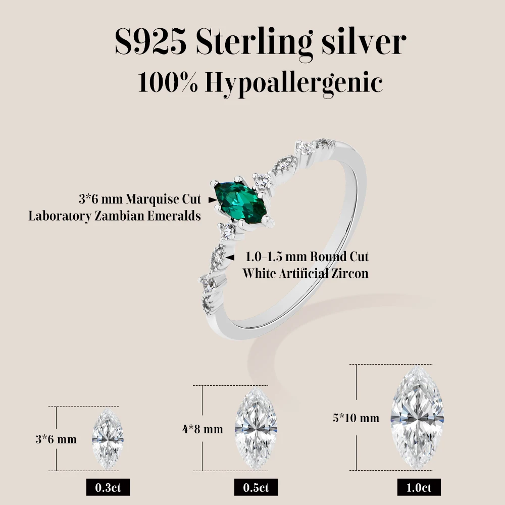 ATTAGEMS S925 Silver Stackable Zircon Ring Inlaid With 3*6mm Marquise Cut Lab Zambian Emerald ForWomen Daily Wear Trendy Jewelry