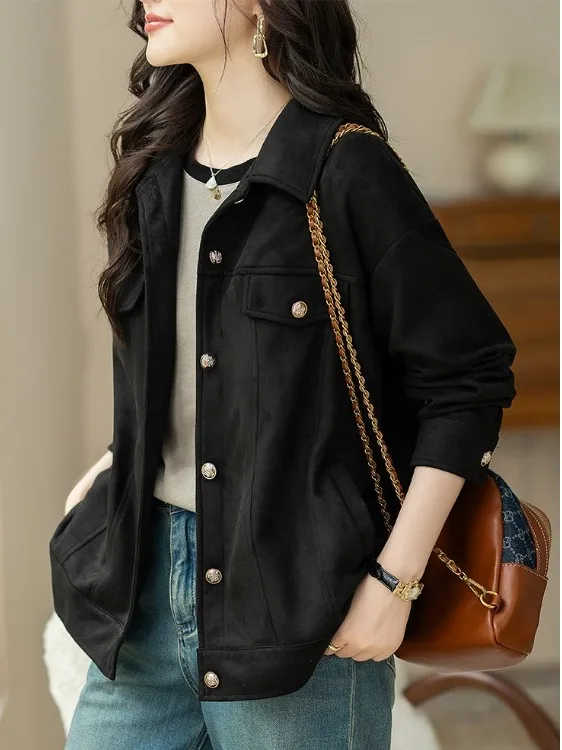 

Slimming Effect Faionable Women's Jaet 2025 Autumn Winter Vintage Sle ort Outerwear Ele Loose Fit Color