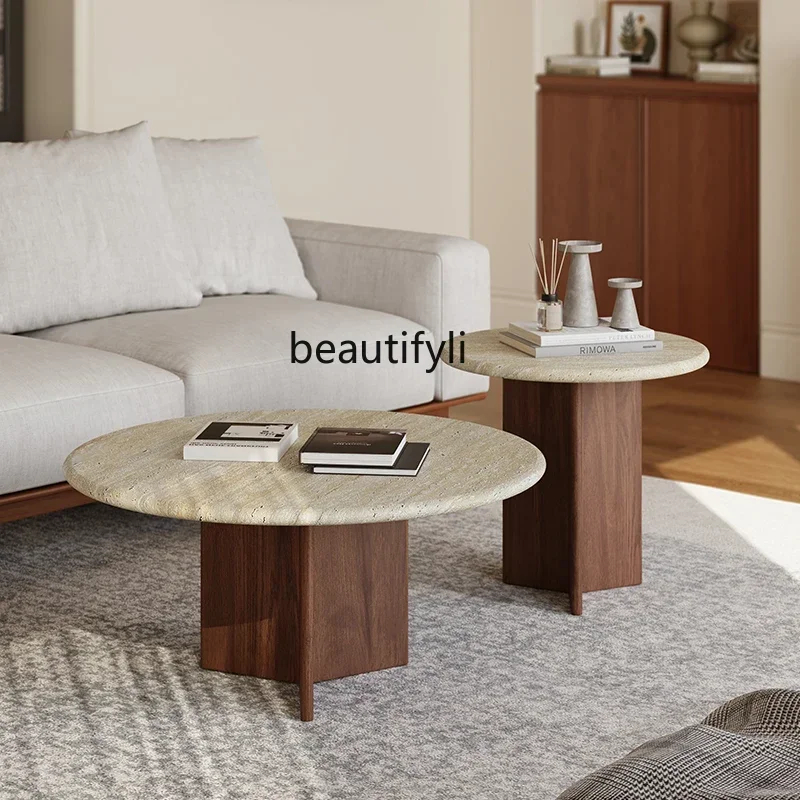 New Wabi Sand wind travertine coffee table size round combination living room sofa solid wood edge table small apartment