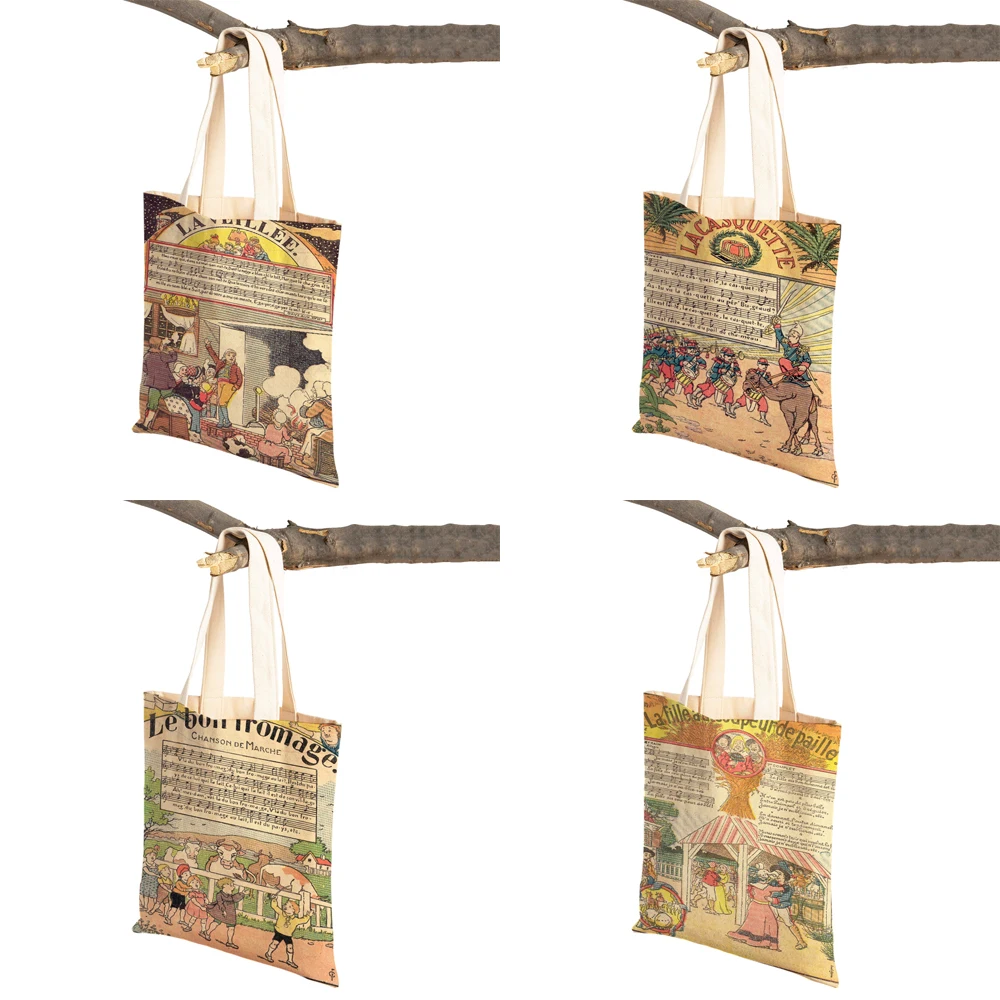 Vintage Newspaper Woman Shoulder Bags Shopper Folding Canvas Tote Designer Handbags Europe Music Printed Travel  Shopping Bag