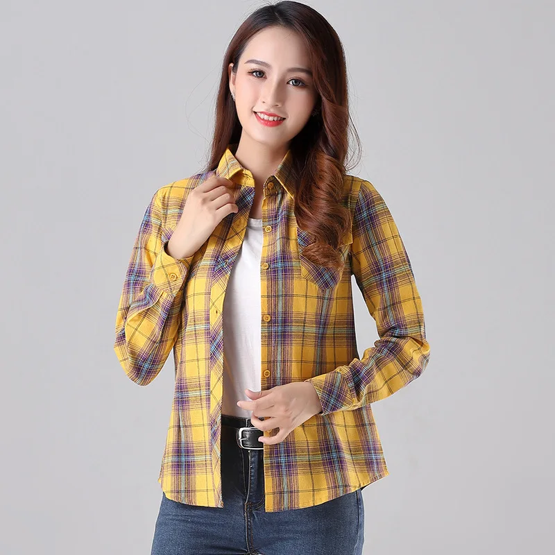 2023 Brand Fine 100% Cotton Flannel Plaid Shirts Women Long Sleeve Fresh Preppy Style Lady Tops And Blouse Casual Ladies Clothes